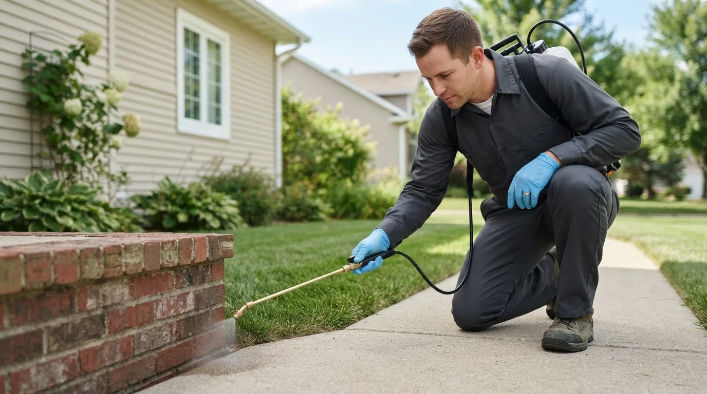 Pest control technician treating a home near Aurora, OR